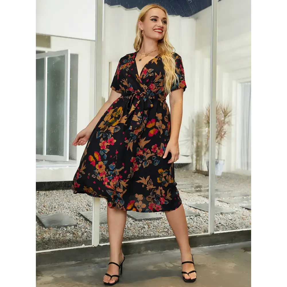 Plus Size Floral Midi Dress - V-Neck & Belted Waist - Thick & Beautiful