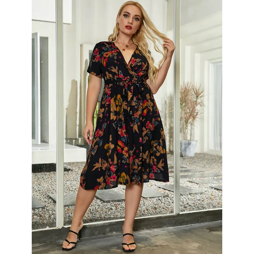 Plus Size Floral Midi Dress - V-Neck & Belted Waist - Thick & Beautiful