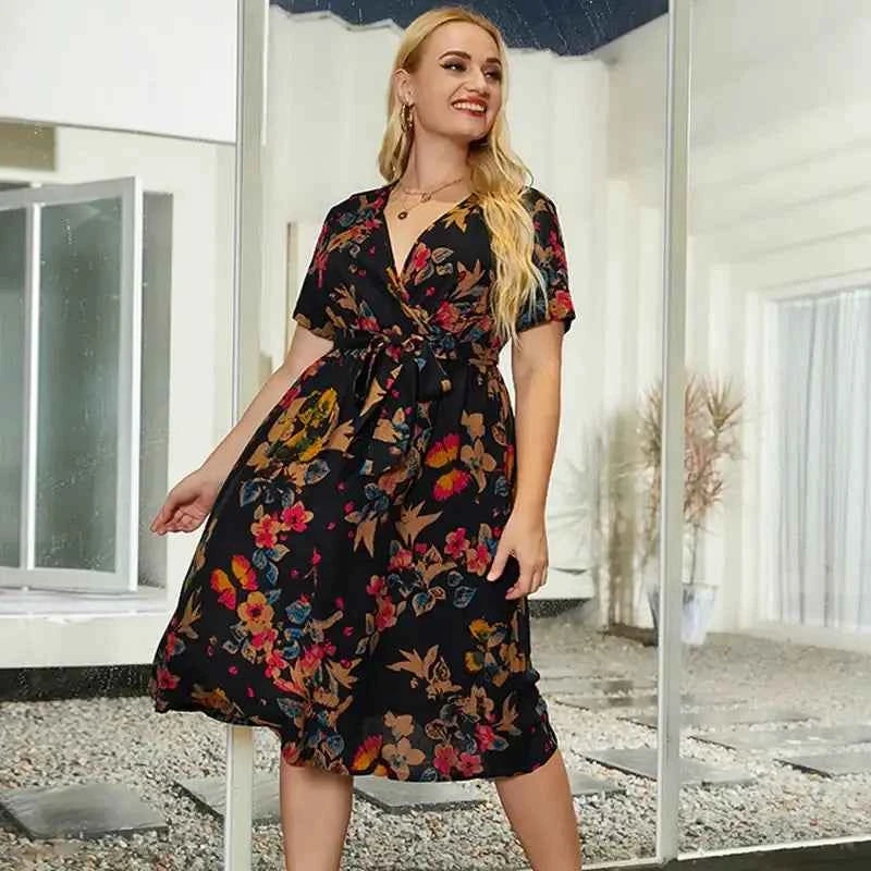 Plus Size Floral Midi Dress - V-Neck & Belted Waist