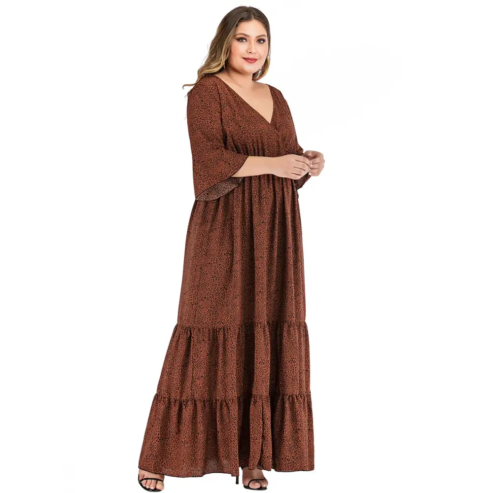 Plus Size Leopard Maxi Dress - V-Neck & Flare Sleeves - Thick & Beautiful