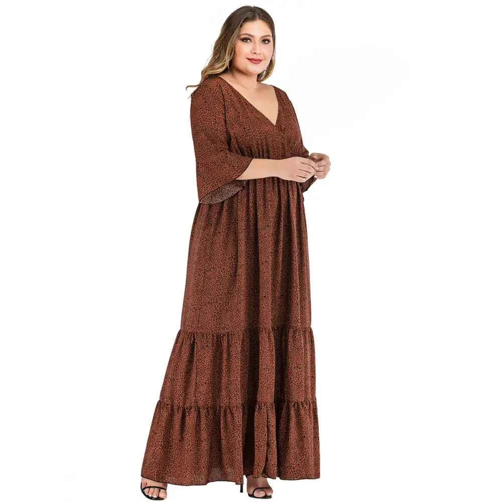 Plus Size Leopard Maxi Dress - V-Neck & Flare Sleeves