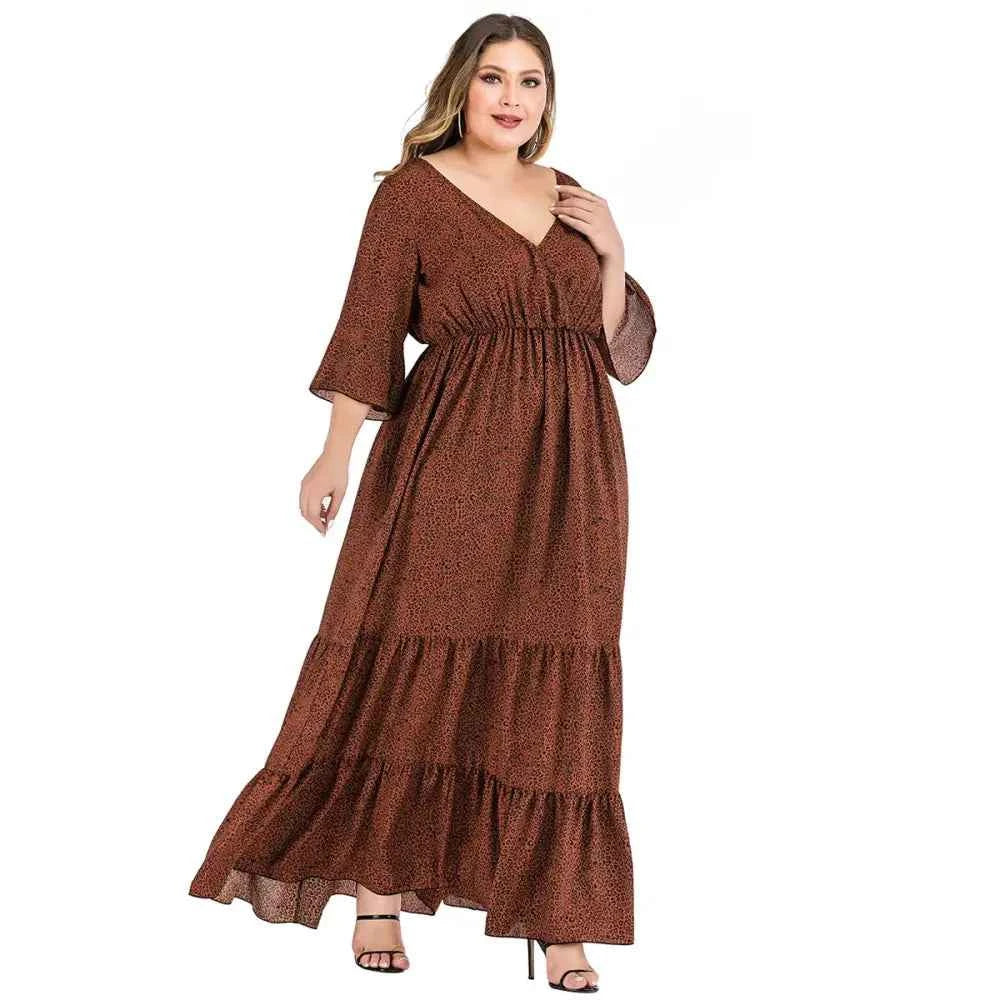 Plus Size Leopard Maxi Dress - V-Neck & Flare Sleeves