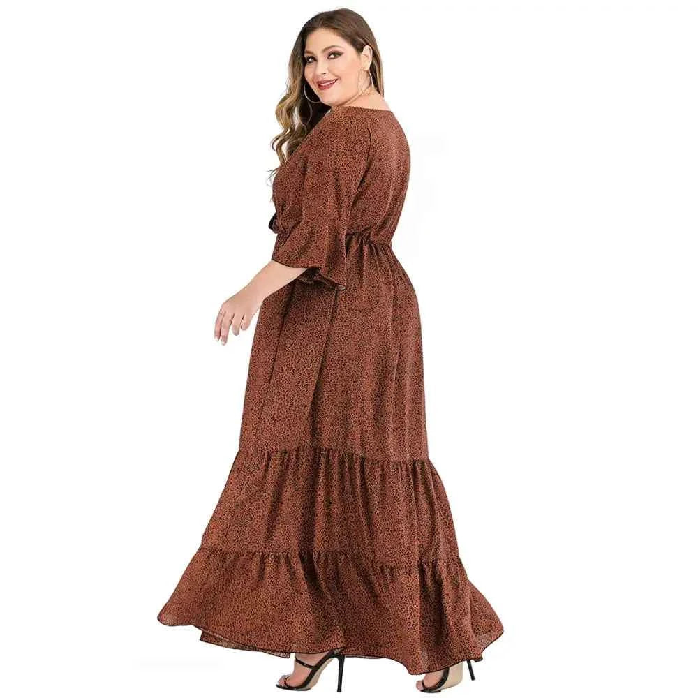 Plus Size Leopard Maxi Dress - V-Neck & Flare Sleeves