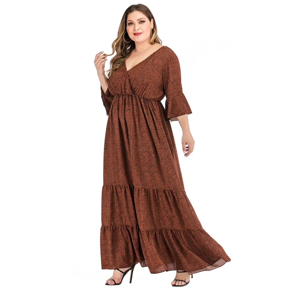 Plus Size Leopard Maxi Dress - V-Neck & Flare Sleeves - Thick & Beautiful