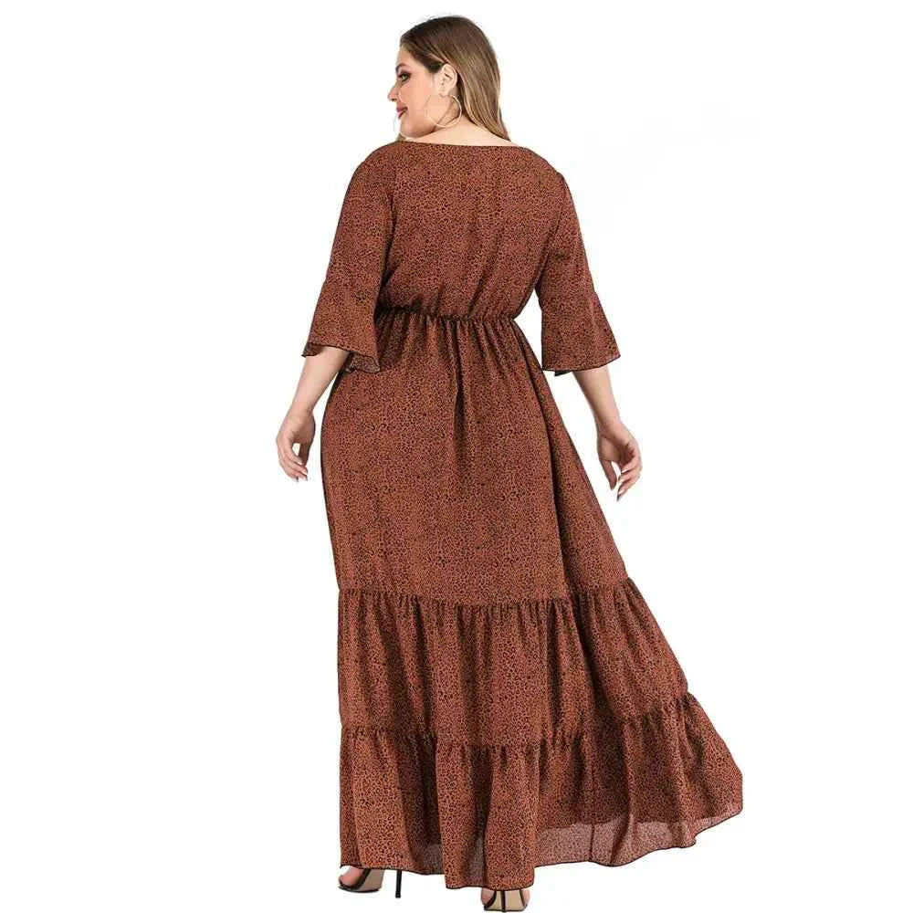 Plus Size Leopard Maxi Dress - V-Neck & Flare Sleeves