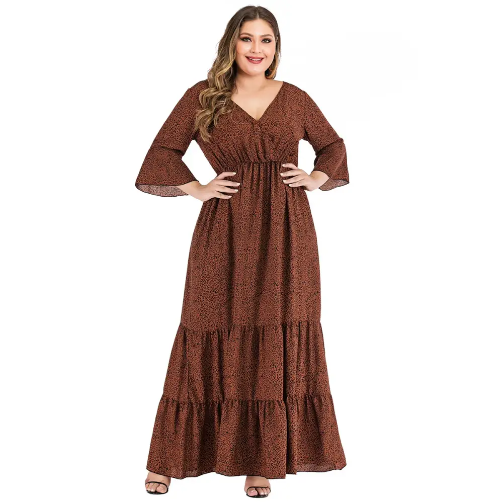 Plus Size Leopard Maxi Dress - V-Neck & Flare Sleeves - Thick & Beautiful