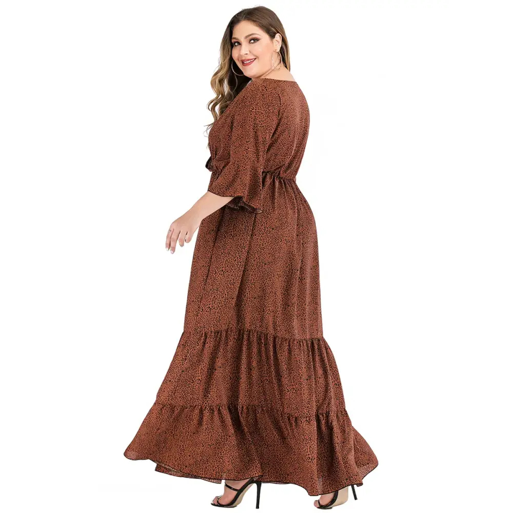 Plus Size Leopard Maxi Dress - V-Neck & Flare Sleeves - Thick & Beautiful