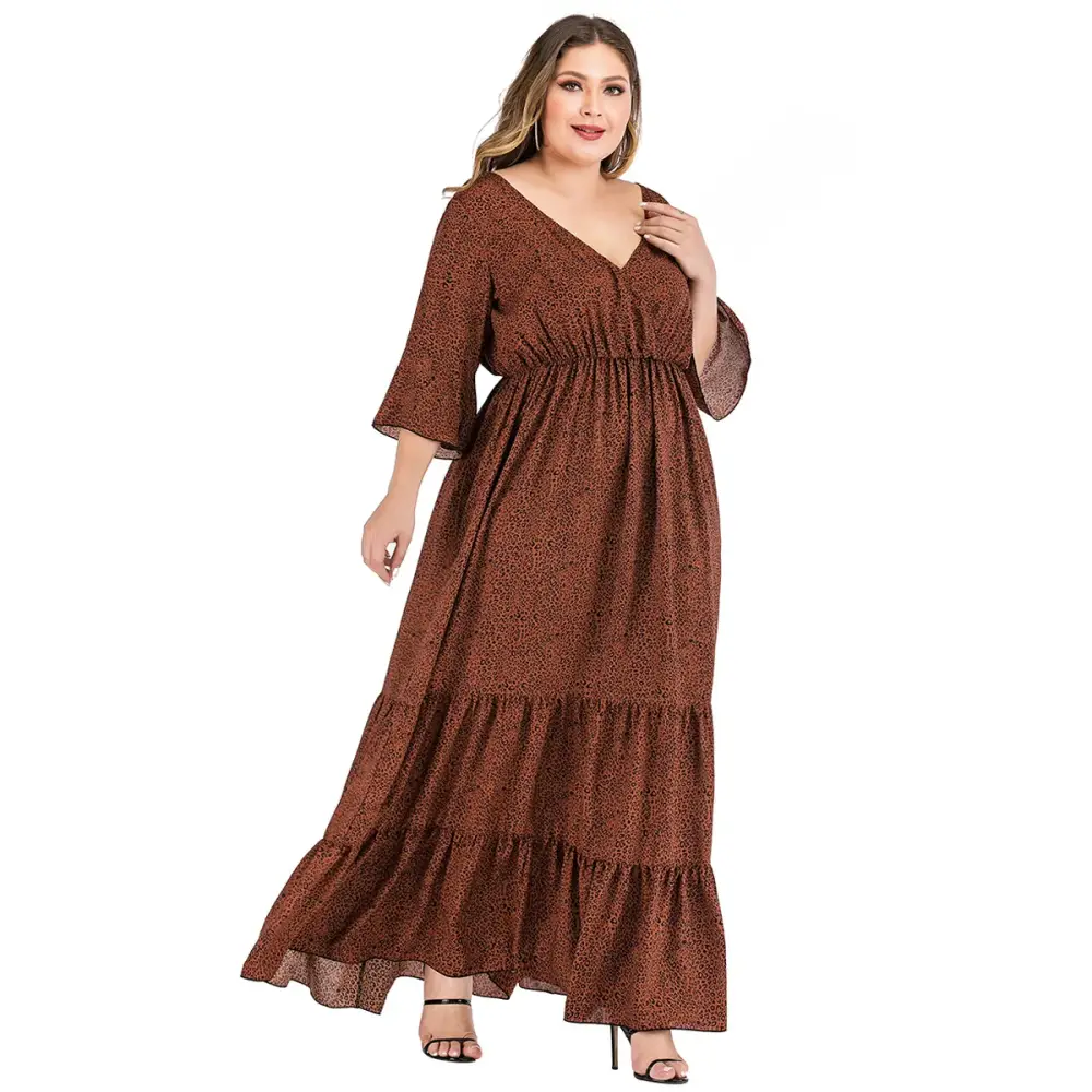 Plus Size Leopard Maxi Dress - V-Neck & Flare Sleeves - Thick & Beautiful