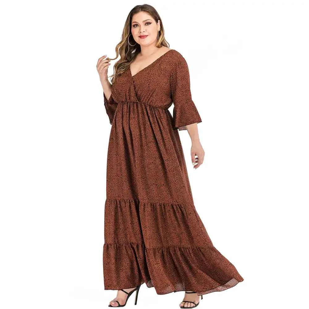 Plus Size Leopard Maxi Dress - V-Neck & Flare Sleeves