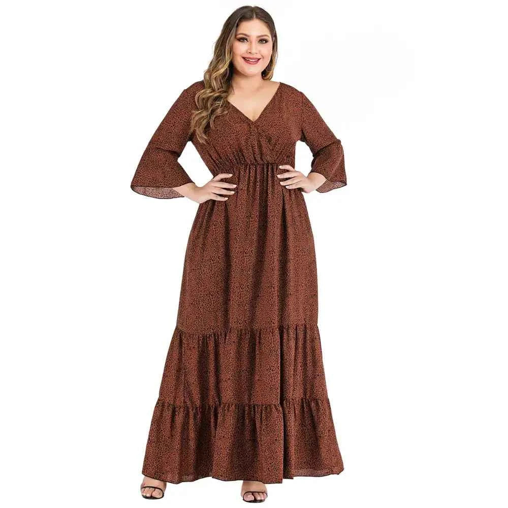 Plus Size Leopard Maxi Dress - V-Neck & Flare Sleeves