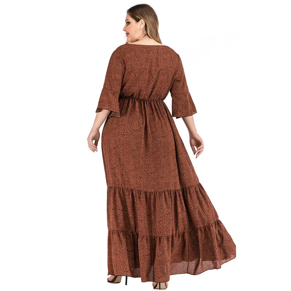 Plus Size Leopard Maxi Dress - V-Neck & Flare Sleeves - Thick & Beautiful
