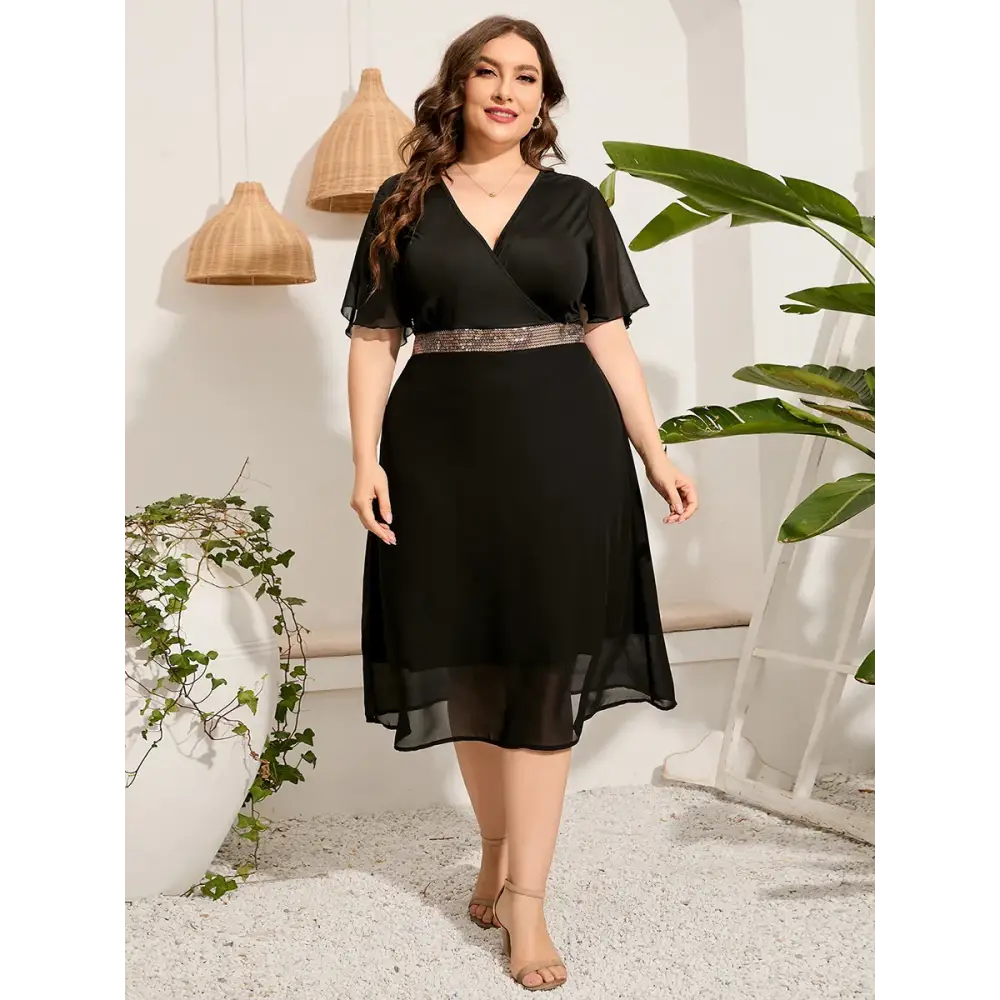 Plus Size Elegant Party Dress - V-Neck & Sequined Waist - Thick & Beautiful