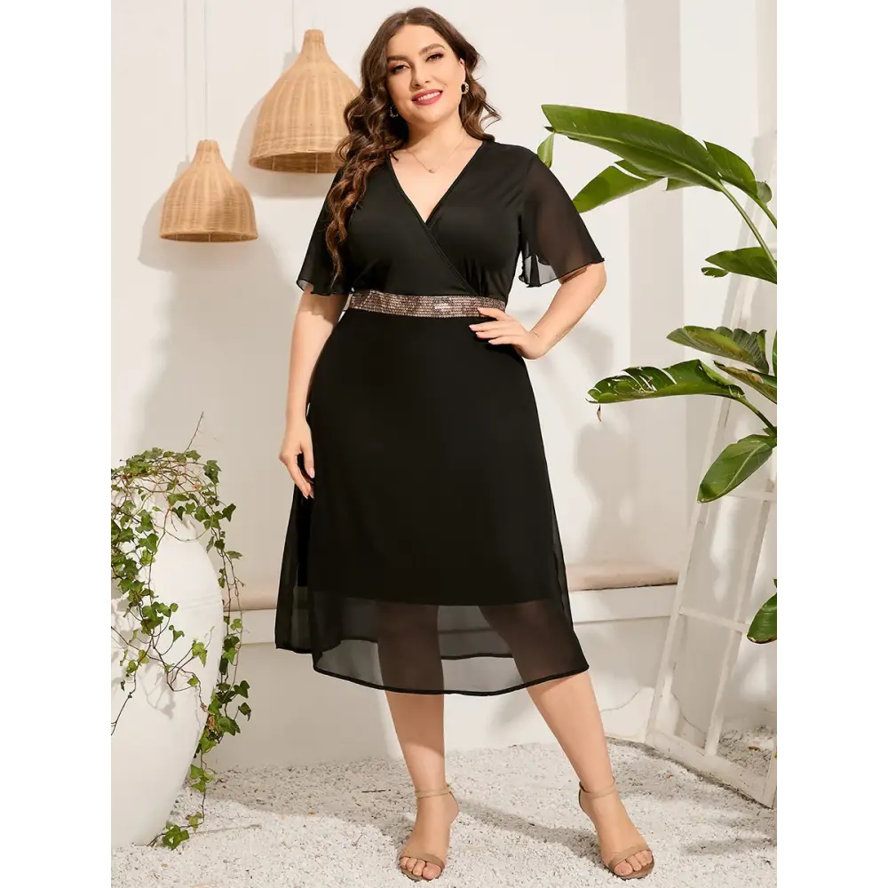 Plus Size Elegant Party Dress - V-Neck & Sequined Waist - Thick & Beautiful