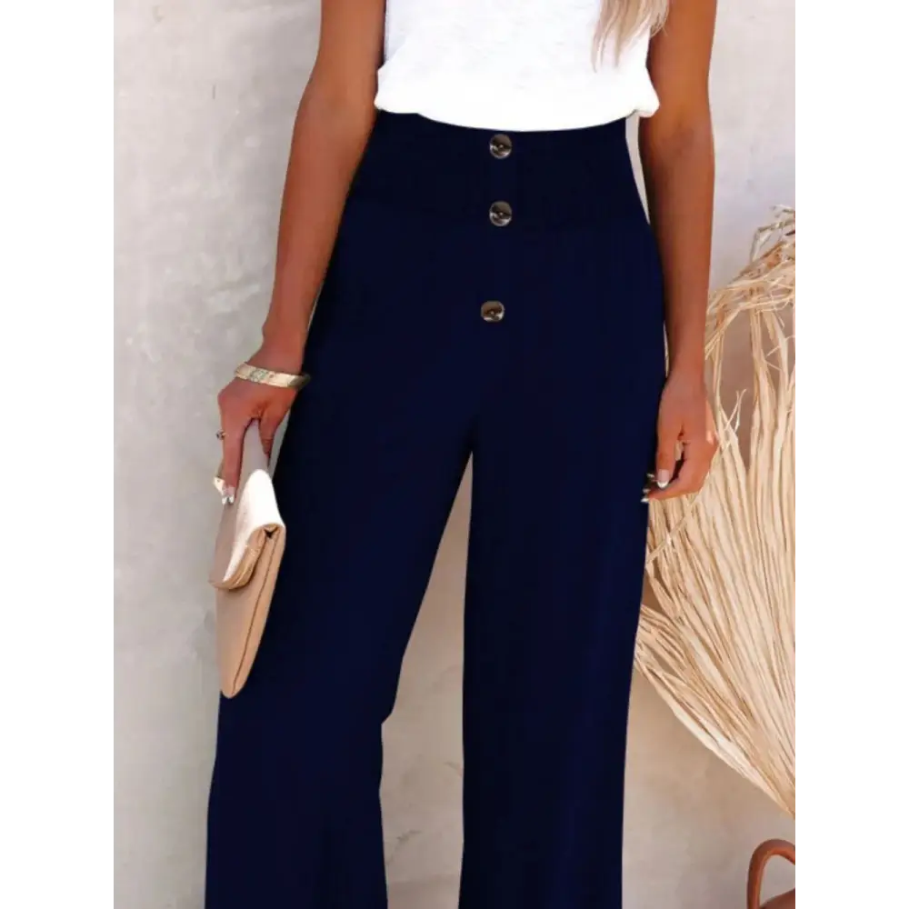 Full Size Decorative Button High Waist Cotton-Linen Pants - Thick & Beautiful