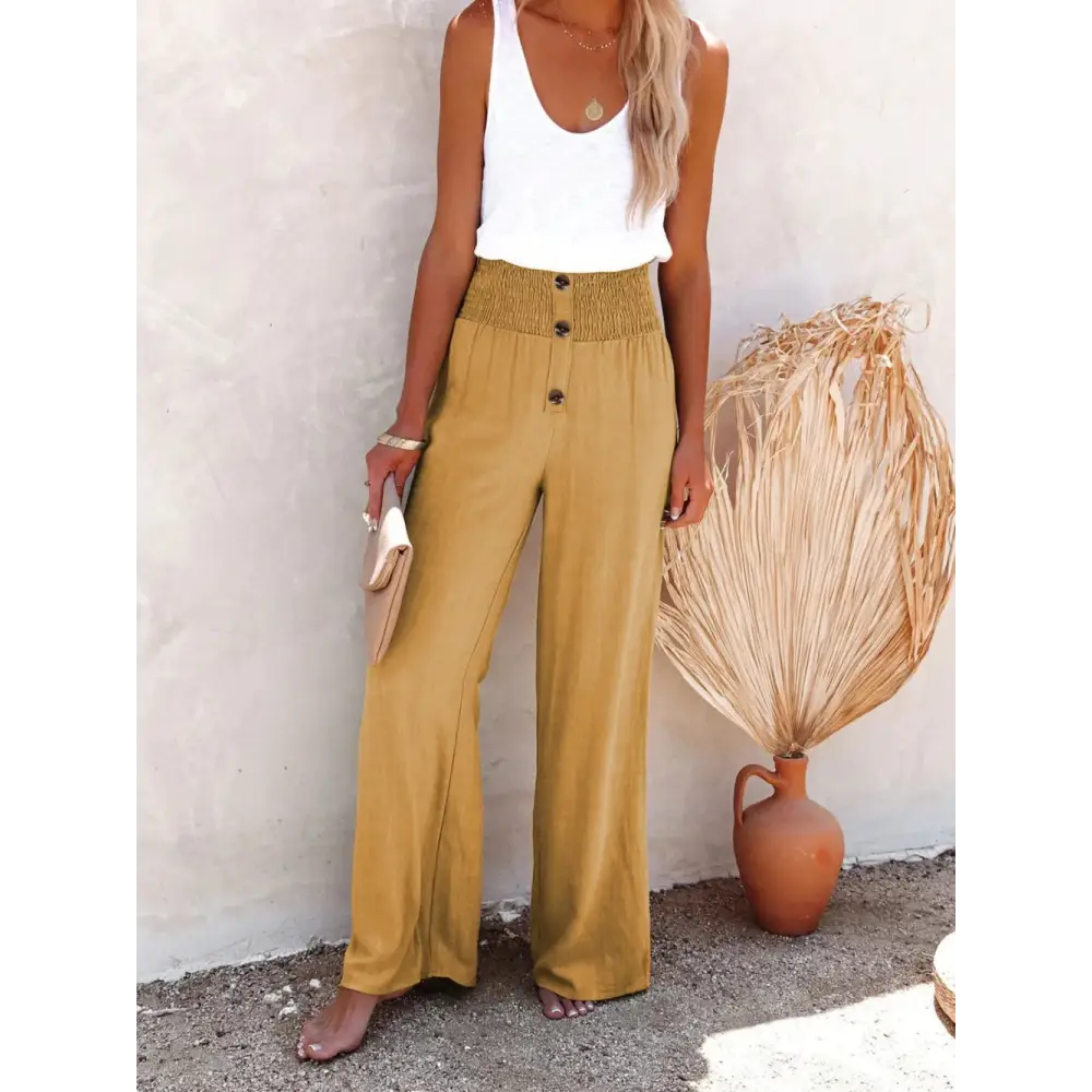 Full Size Decorative Button High Waist Cotton-Linen Pants - Thick & Beautiful