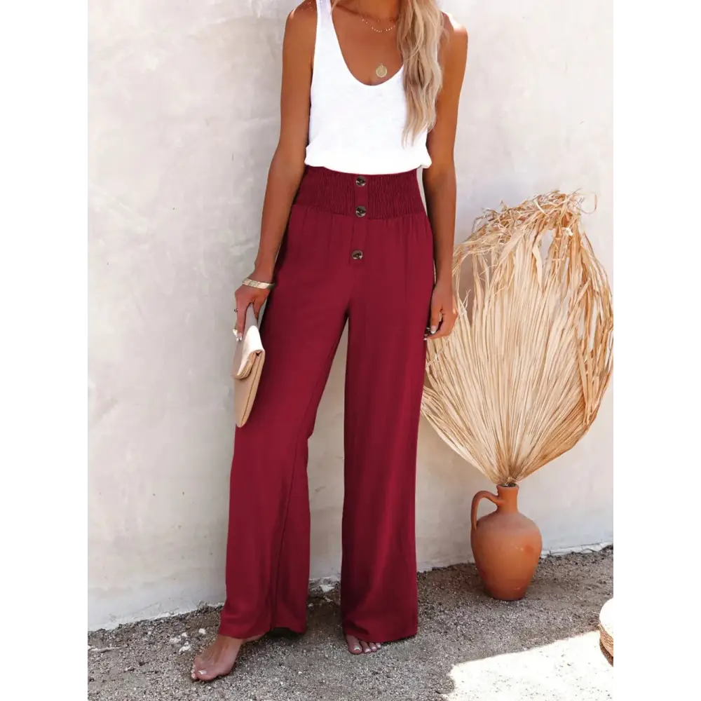 Full Size Decorative Button High Waist Cotton-Linen Pants - Thick & Beautiful