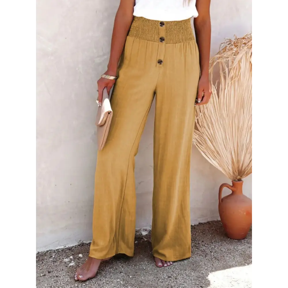 Full Size Decorative Button High Waist Cotton-Linen Pants - Thick & Beautiful