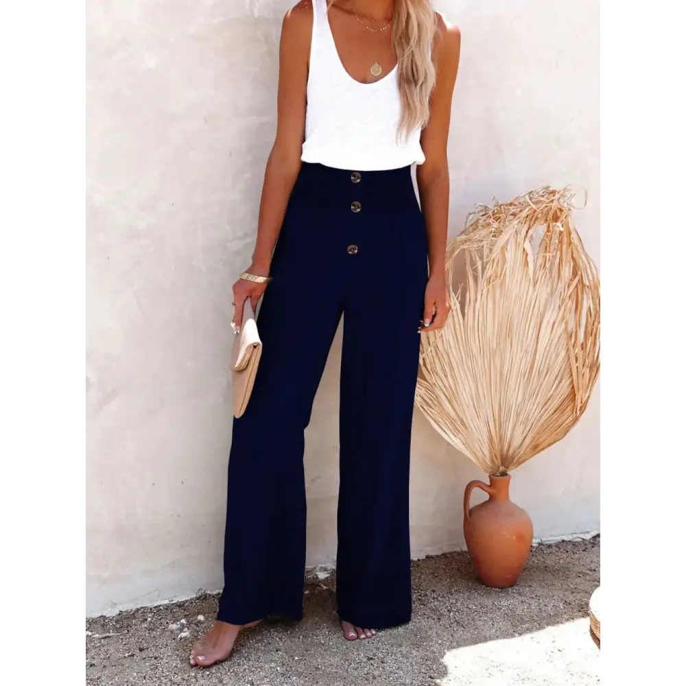 Full Size Decorative Button High Waist Cotton-Linen Pants - Thick & Beautiful