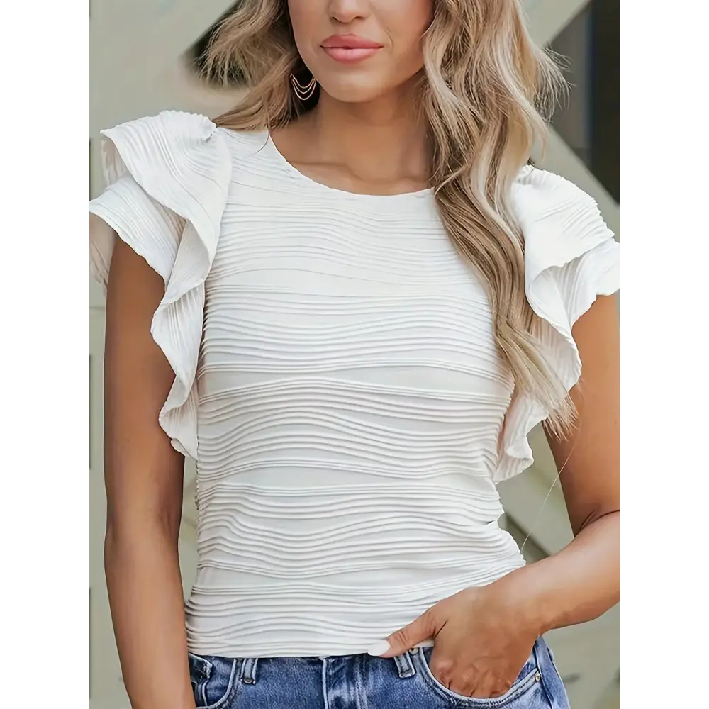 RuffleGrace Slim Blouse – White Cap Sleeve Elegance - Thick & Beautiful
