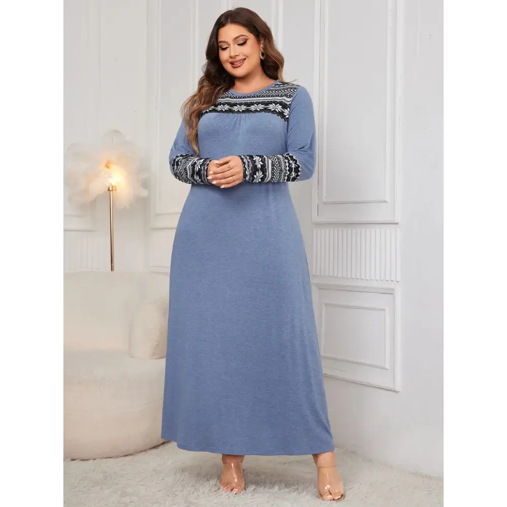 Honey Plus Size Printed Round Neck Long Sleeve Dress - Thick & Beautiful