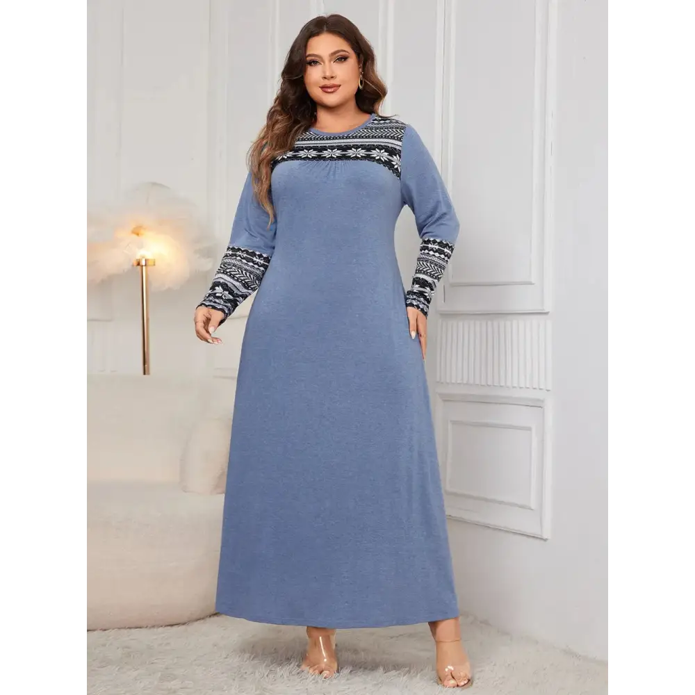 Honey Plus Size Printed Round Neck Long Sleeve Dress - Thick & Beautiful