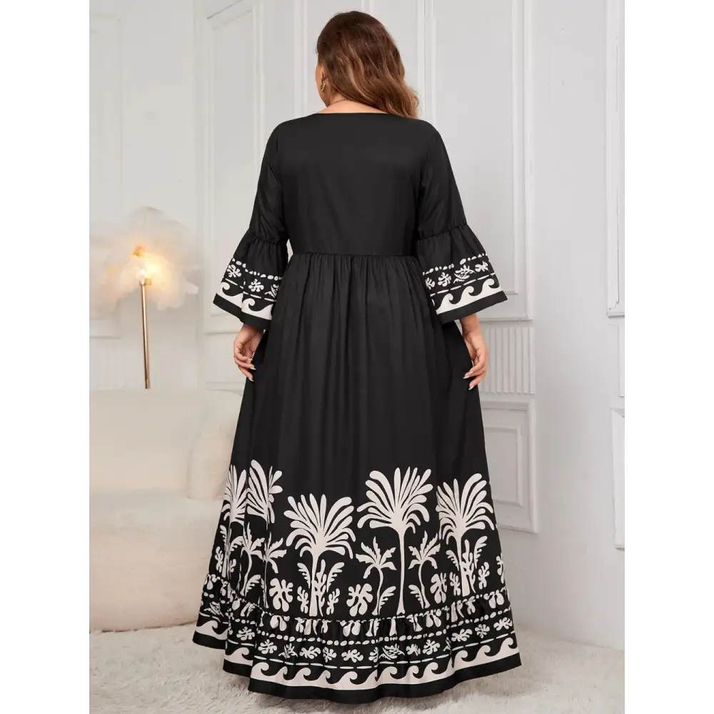 Honey Plus Size Printed V-Neck Long Sleeve Maxi Dress - Thick & Beautiful