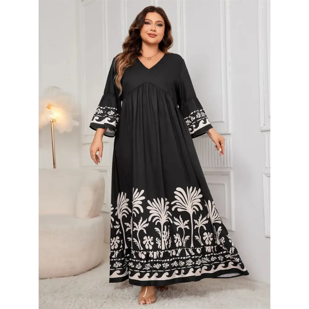 Honey Plus Size Printed V-Neck Long Sleeve Maxi Dress - Thick & Beautiful
