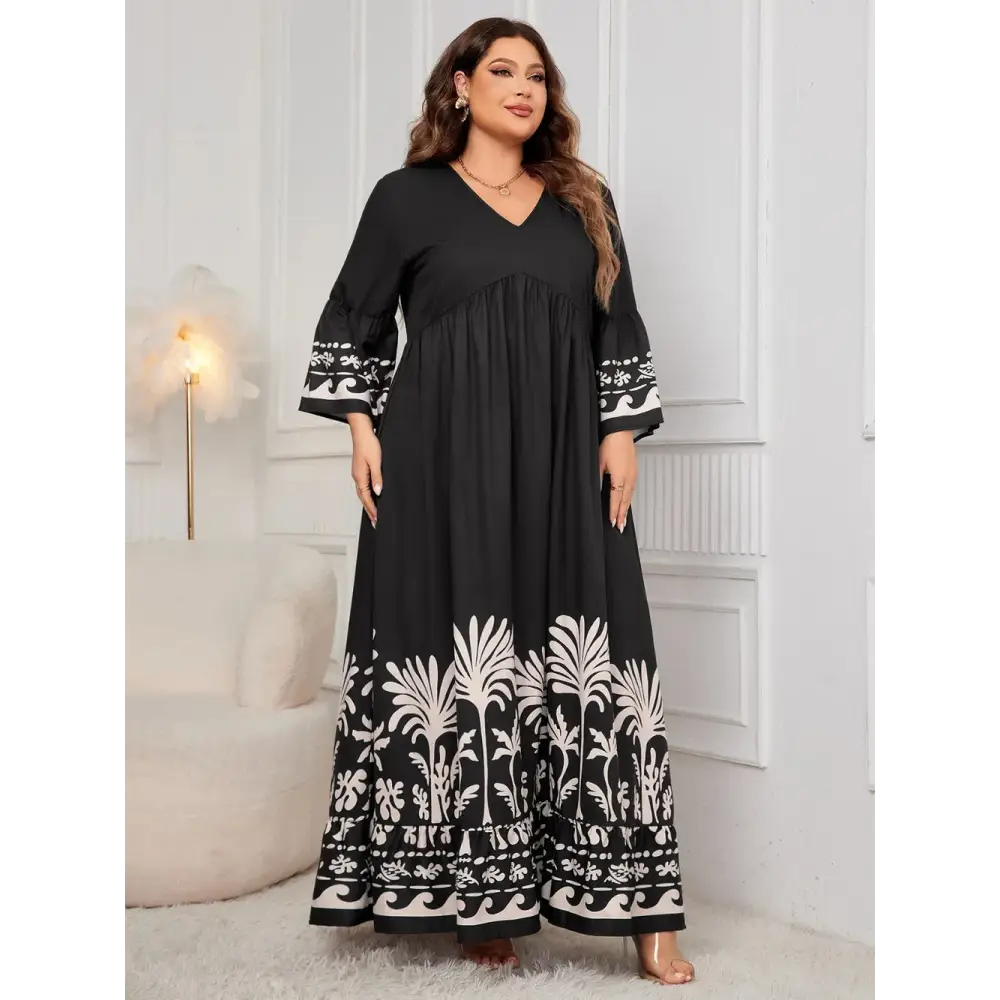 Honey Plus Size Printed V-Neck Long Sleeve Maxi Dress - Thick & Beautiful
