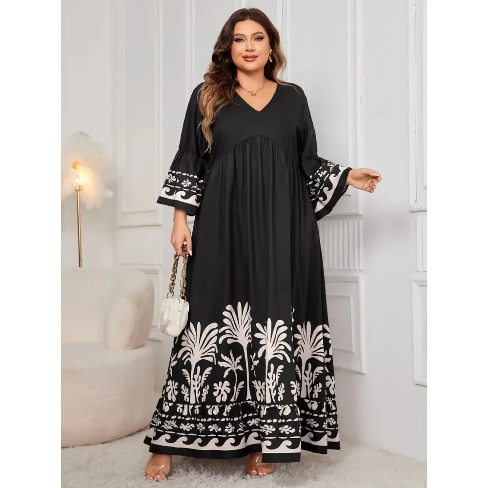 Honey Plus Size Printed V-Neck Long Sleeve Maxi Dress - Thick & Beautiful