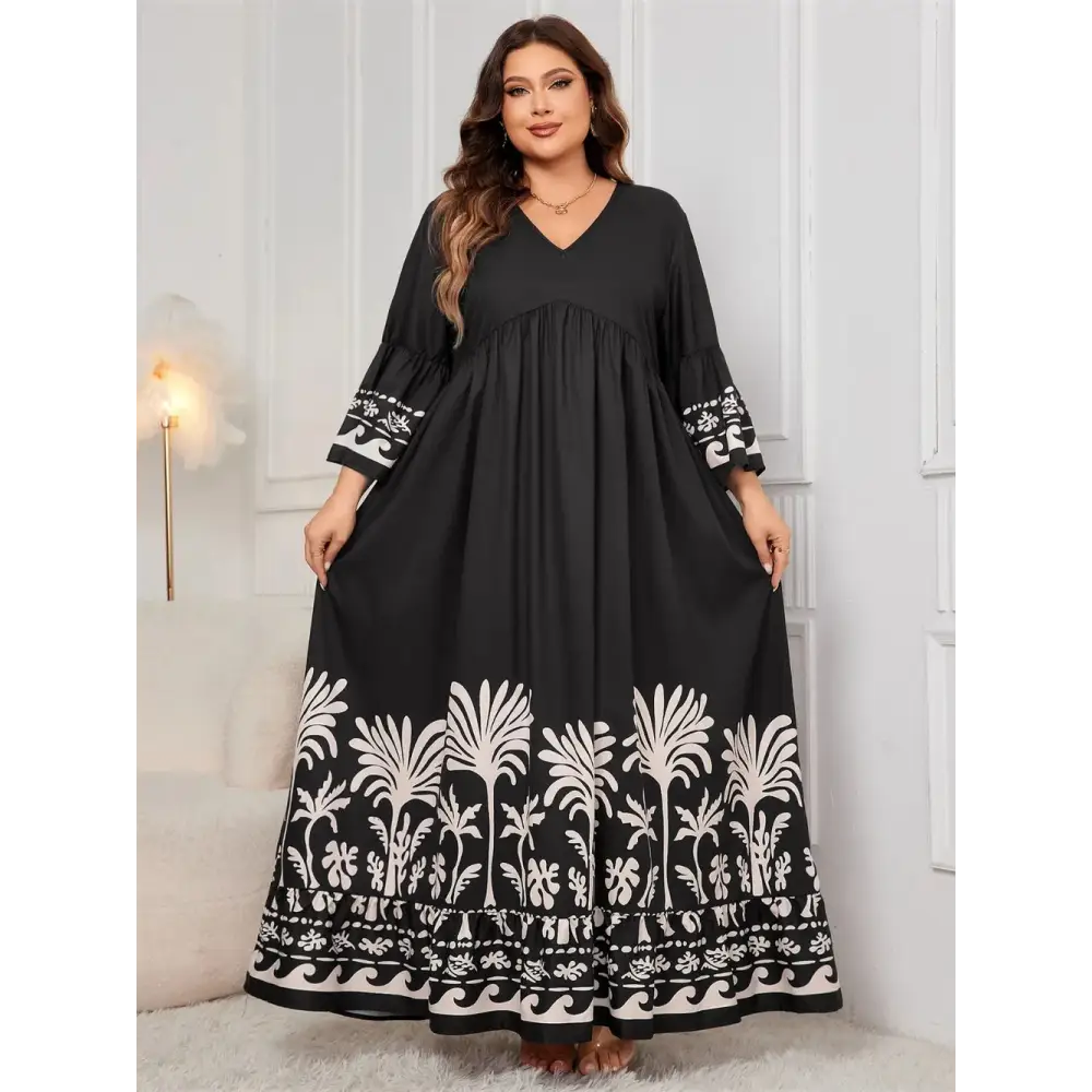 Honey Plus Size Printed V-Neck Long Sleeve Maxi Dress - Thick & Beautiful