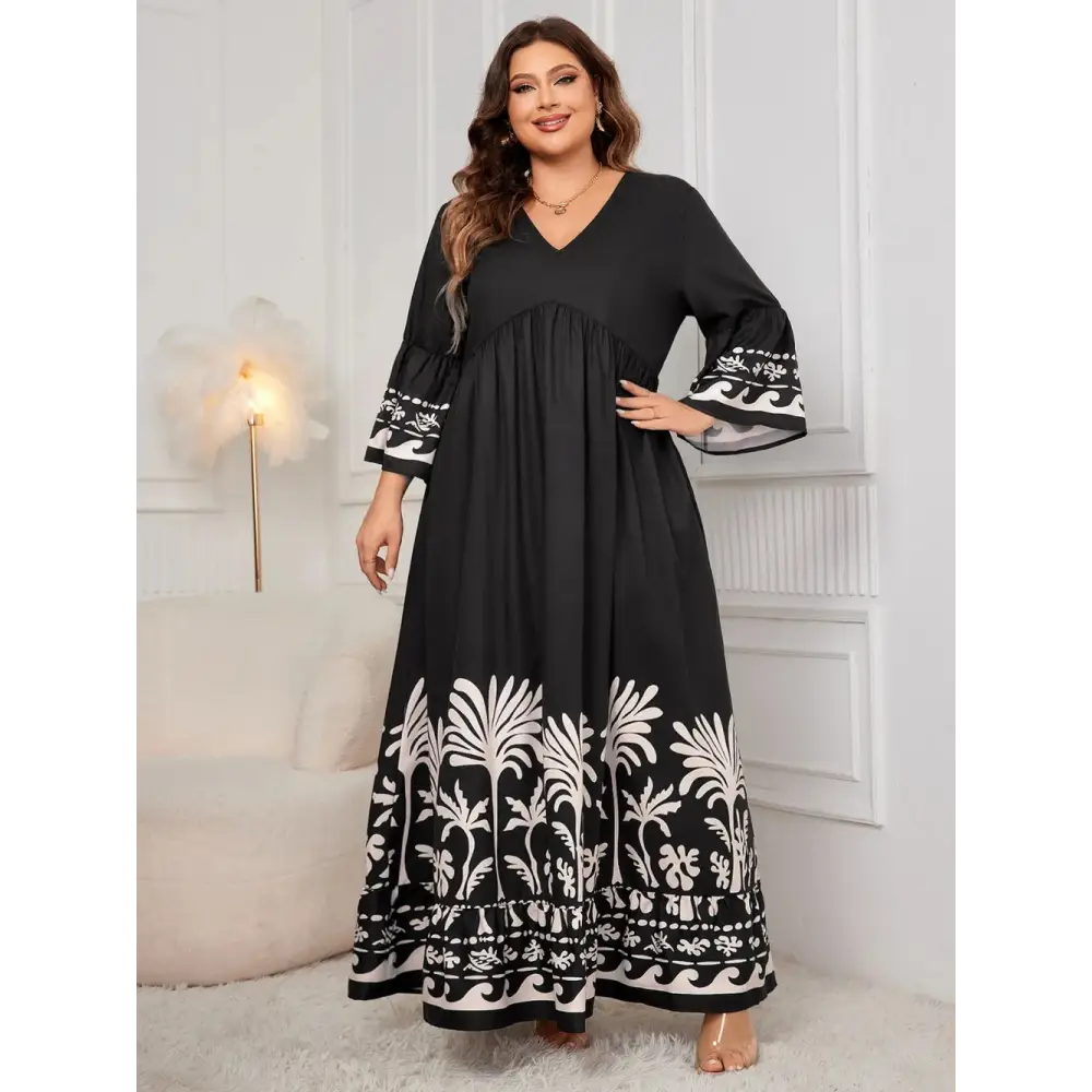 Honey Plus Size Printed V-Neck Long Sleeve Maxi Dress - Thick & Beautiful