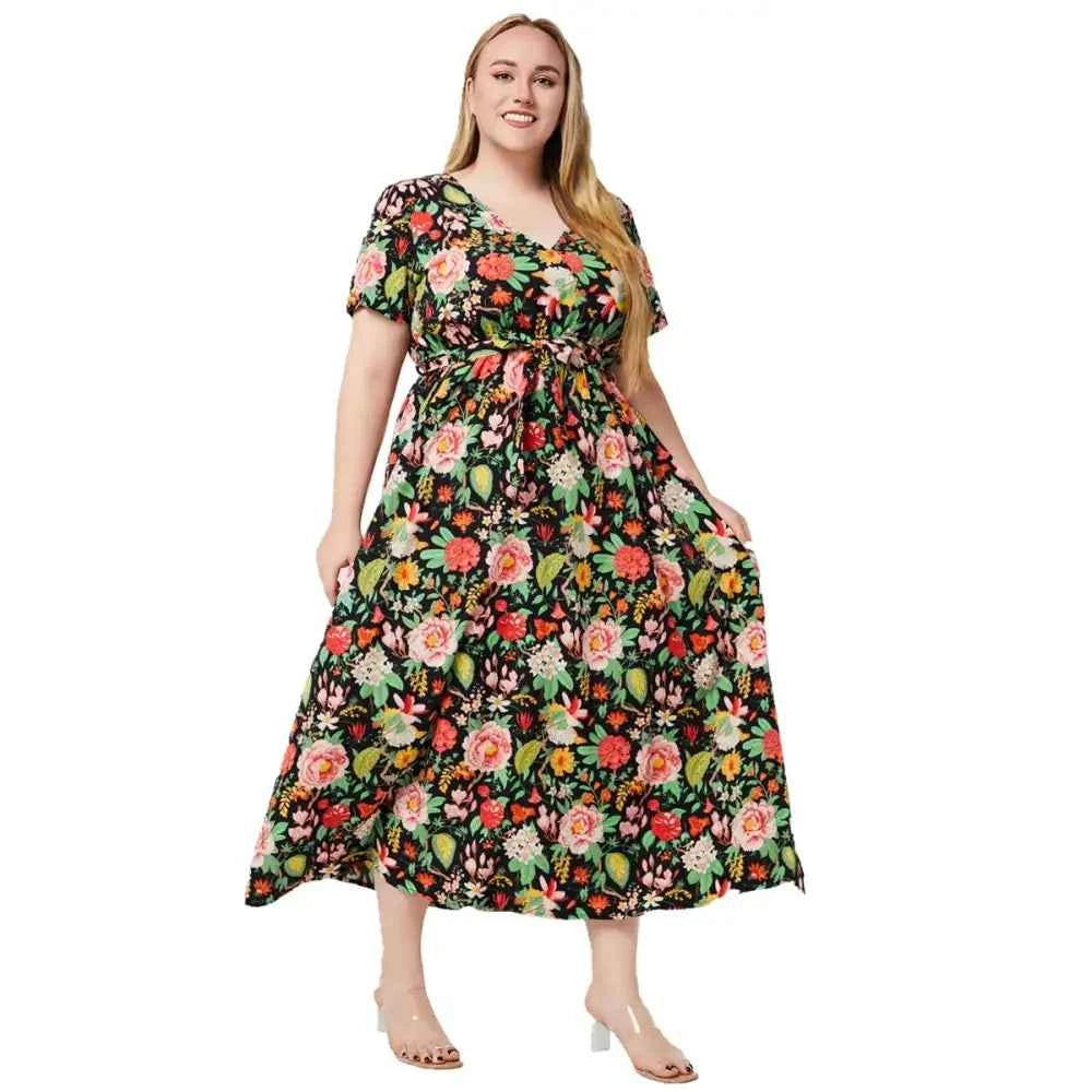 Plus Size Boho Floral Dress - V-Neck & Sash Detail