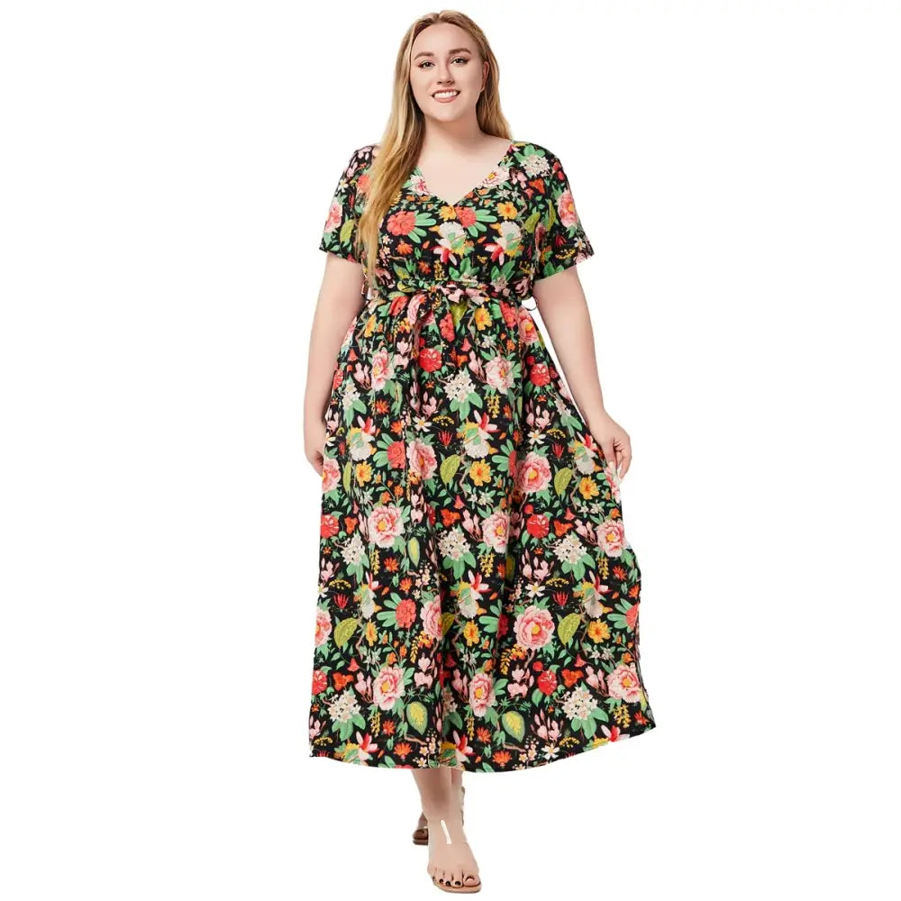 Plus Size Boho Floral Dress - V-Neck & Sash Detail