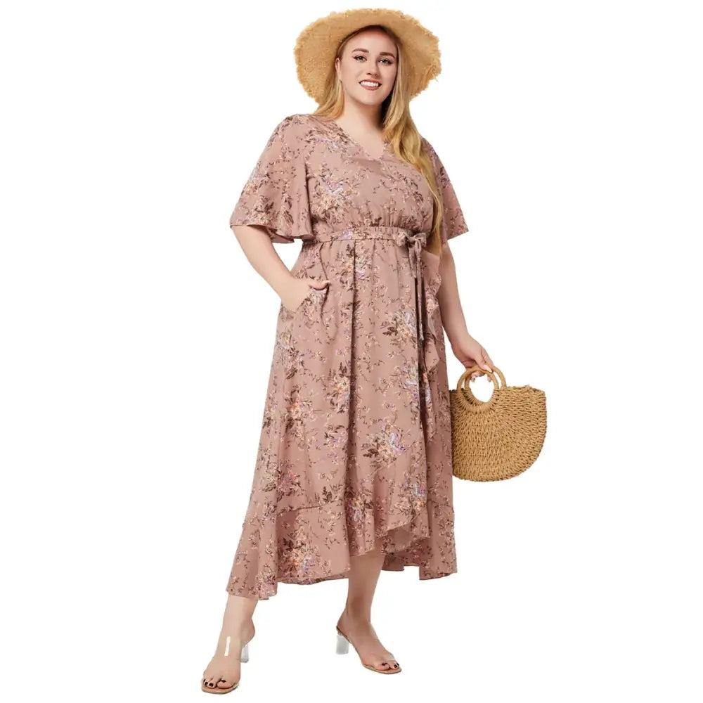 Plus Size Boho Floral Maxi Dress - V-Neck Short Sleeve