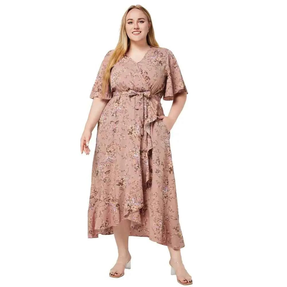 Plus Size Boho Floral Maxi Dress - V-Neck Short Sleeve