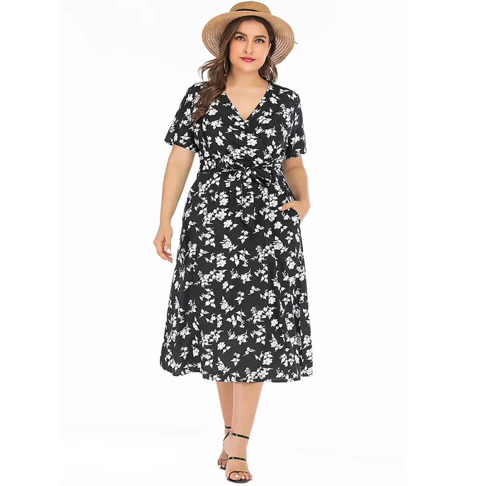 Plus Size Floral Maxi Dress - V-Neck with Pockets - Thick & Beautiful