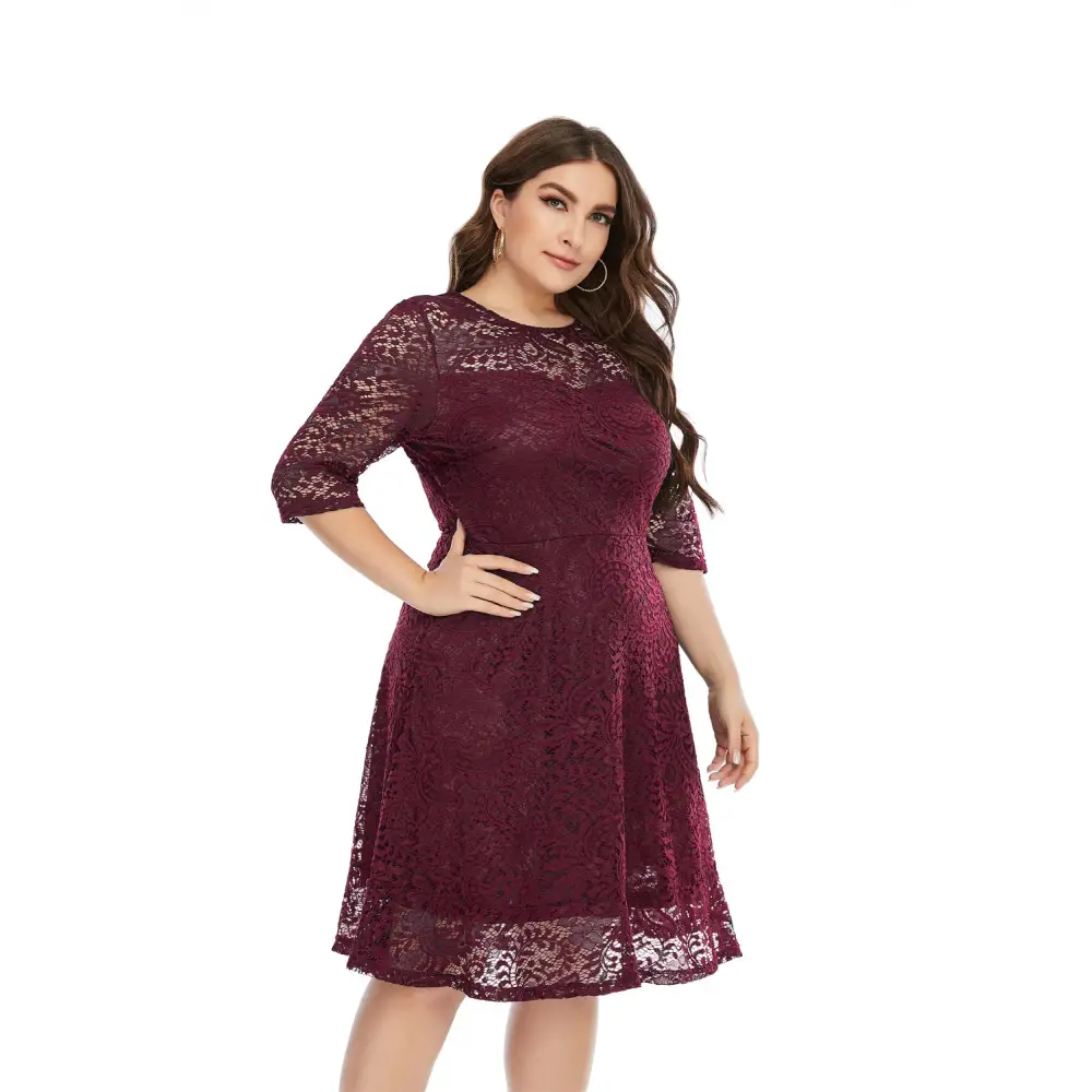 Plus Size Lace Trim Midi Dress - 3/4 Sleeve Semi-Sheer Elegance - Thick & Beautiful