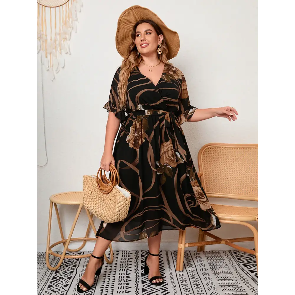 Plus Size Floral Chiffon Dress - V-Neck & Butterfly Sleeves - Thick & Beautiful