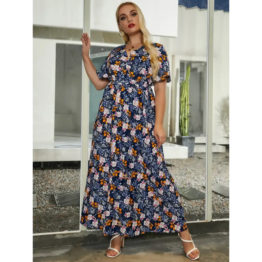 Plus Size Boho Floral Maxi Dress - V-Neck & Flare Sleeves - Thick & Beautiful