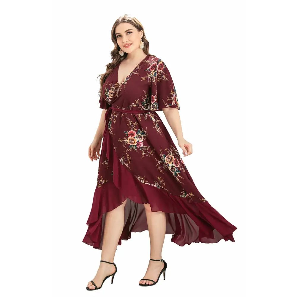 Plus Size Boho Floral Wrap Dress - V-Neck & Short Sleeve - Thick & Beautiful