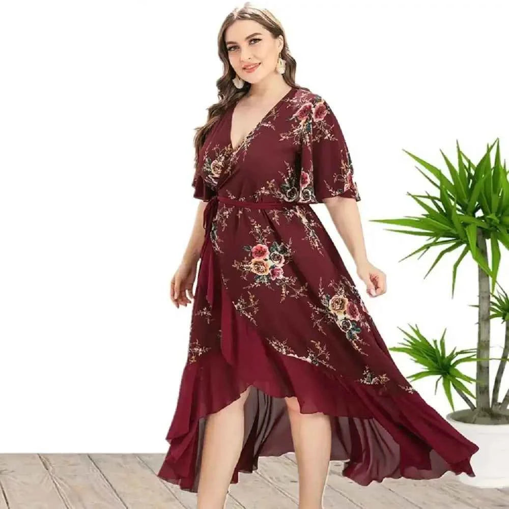 Plus Size Boho Floral Wrap Dress - V-Neck & Short Sleeve