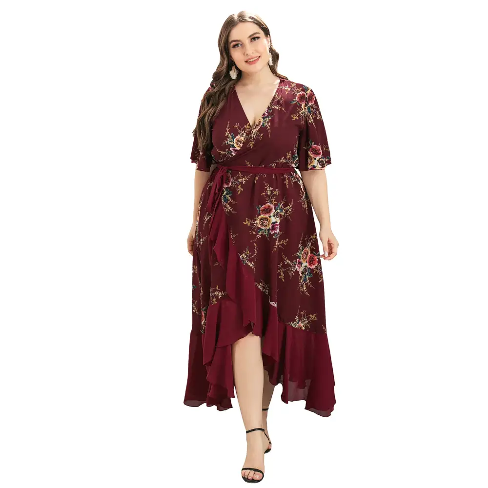 Plus Size Boho Floral Wrap Dress - V-Neck & Short Sleeve - Thick & Beautiful