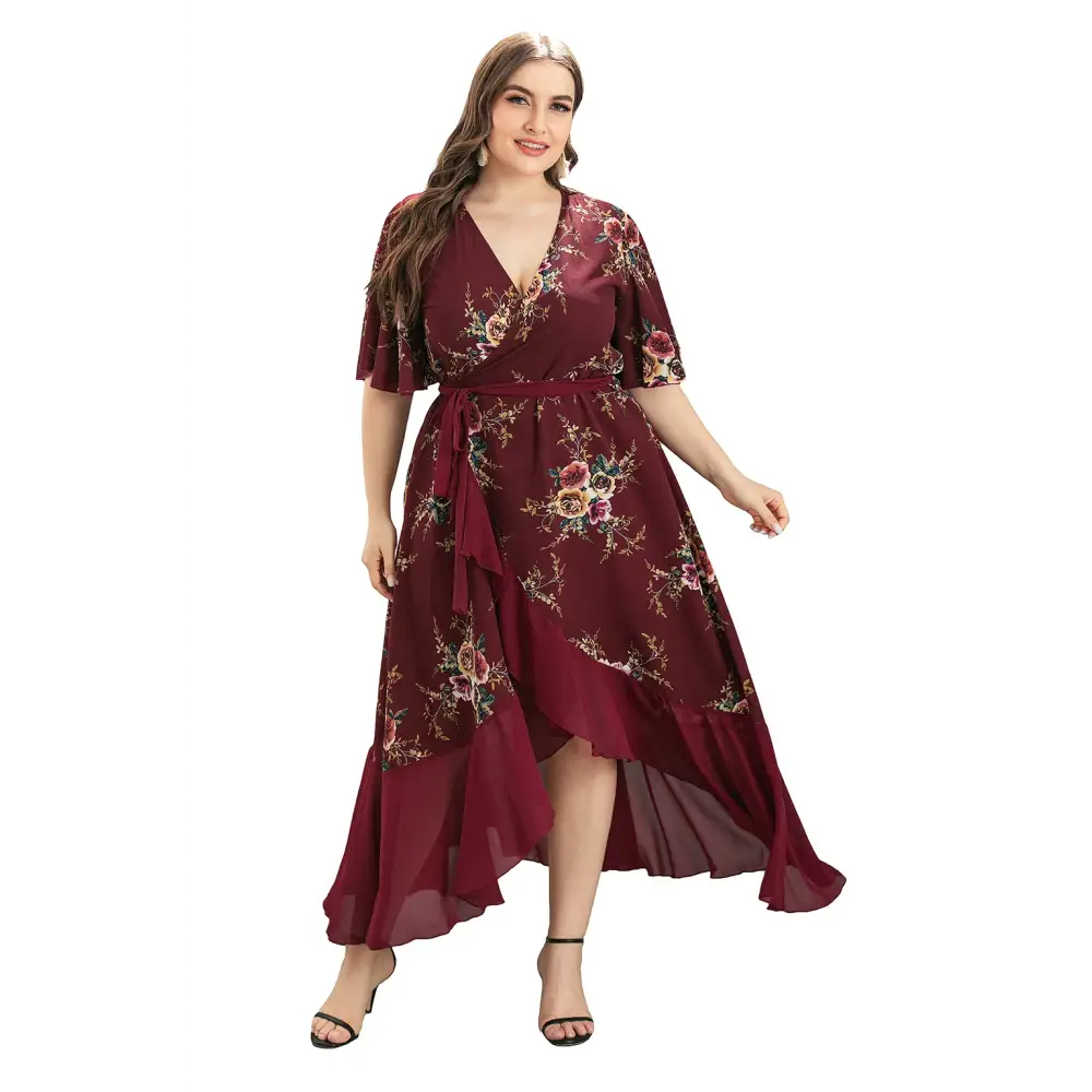 Plus Size Boho Floral Wrap Dress - V-Neck & Short Sleeve - Thick & Beautiful