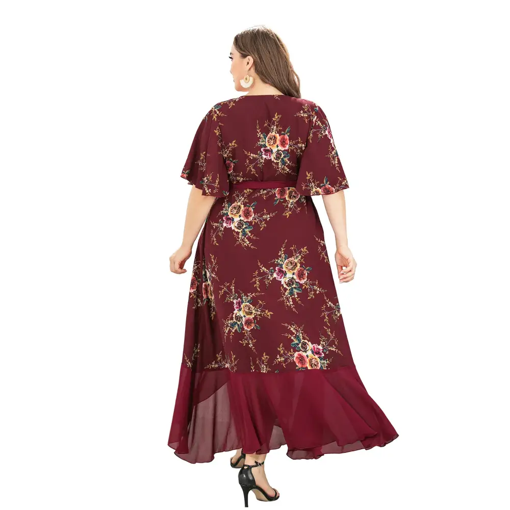 Plus Size Boho Floral Wrap Dress - V-Neck & Short Sleeve - Thick & Beautiful