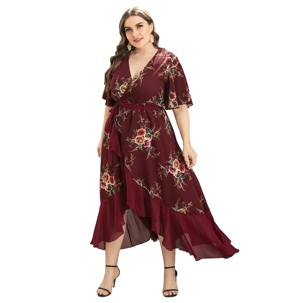 Plus Size Boho Floral Wrap Dress - V-Neck & Short Sleeve - Thick & Beautiful