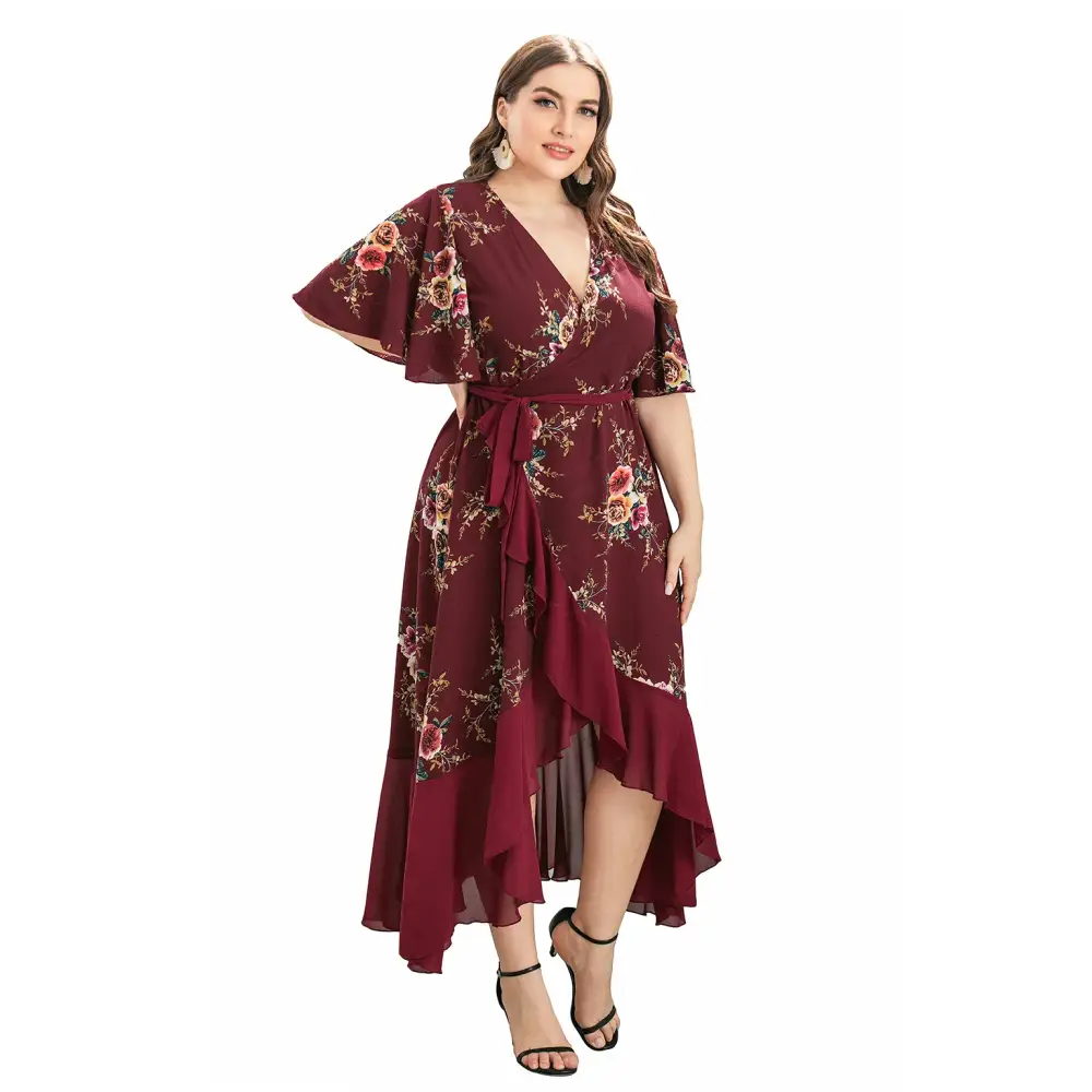 Plus Size Boho Floral Wrap Dress - V-Neck & Short Sleeve - Thick & Beautiful