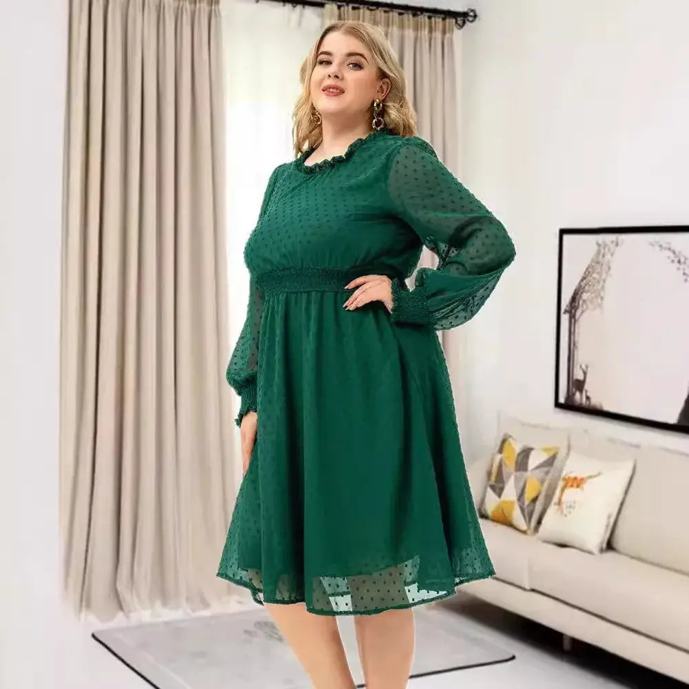 Plus Size Solid Color Empire Waist Maxi Dress – Long Sleeve Casual Mid-Calf Dress