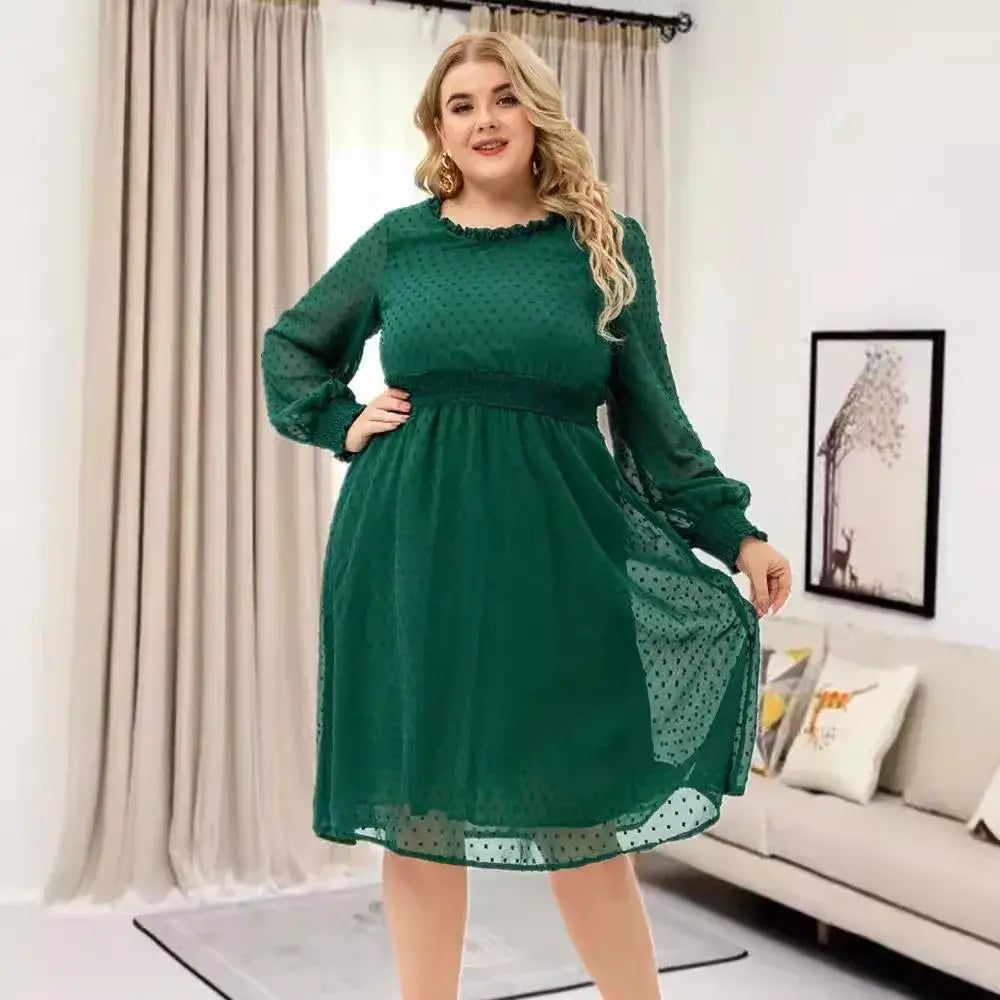 Plus Size Solid Color Empire Waist Maxi Dress – Long Sleeve Casual Mid-Calf Dress