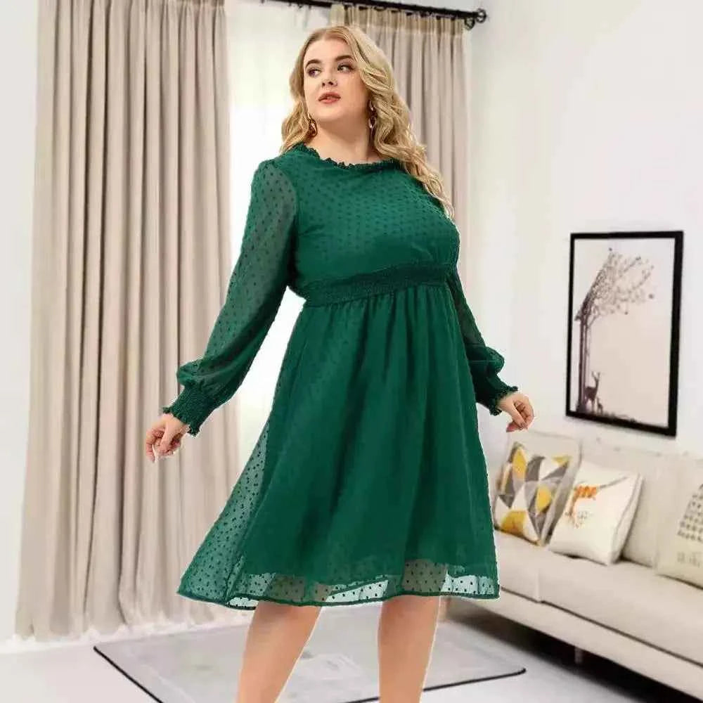 Plus Size Solid Color Empire Waist Maxi Dress – Long Sleeve Casual Mid-Calf Dress