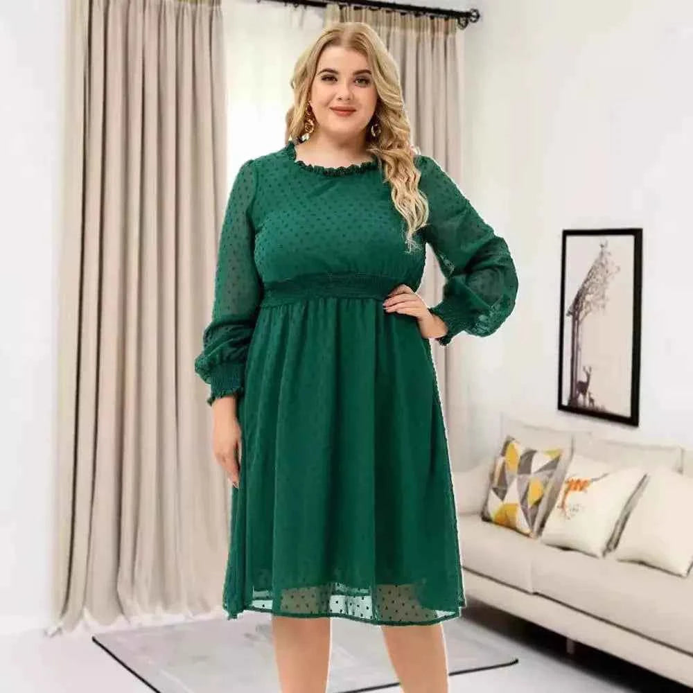 Plus Size Solid Color Empire Waist Maxi Dress – Long Sleeve Casual Mid-Calf Dress